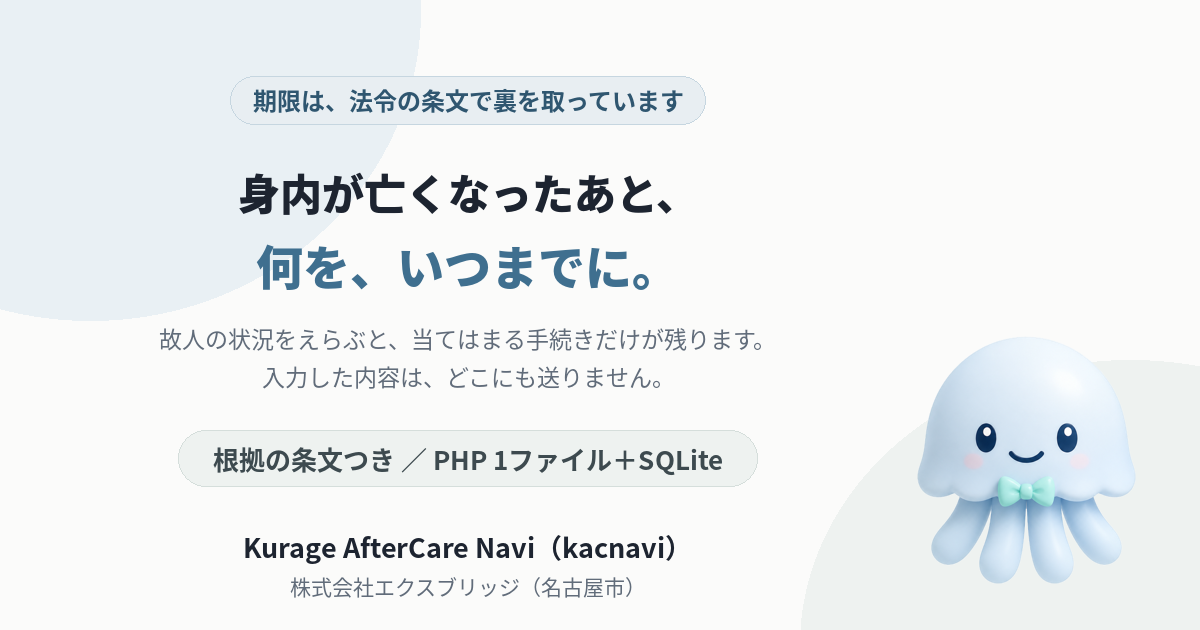 Kurage AfterCare Navi 身内が亡くなったあとの手続きナビ（死亡後の手続き48件を故人の状況で絞る・期限は法令の条文で裏取り・全国1,912市区町村・PHP1ファイル＋SQLite）