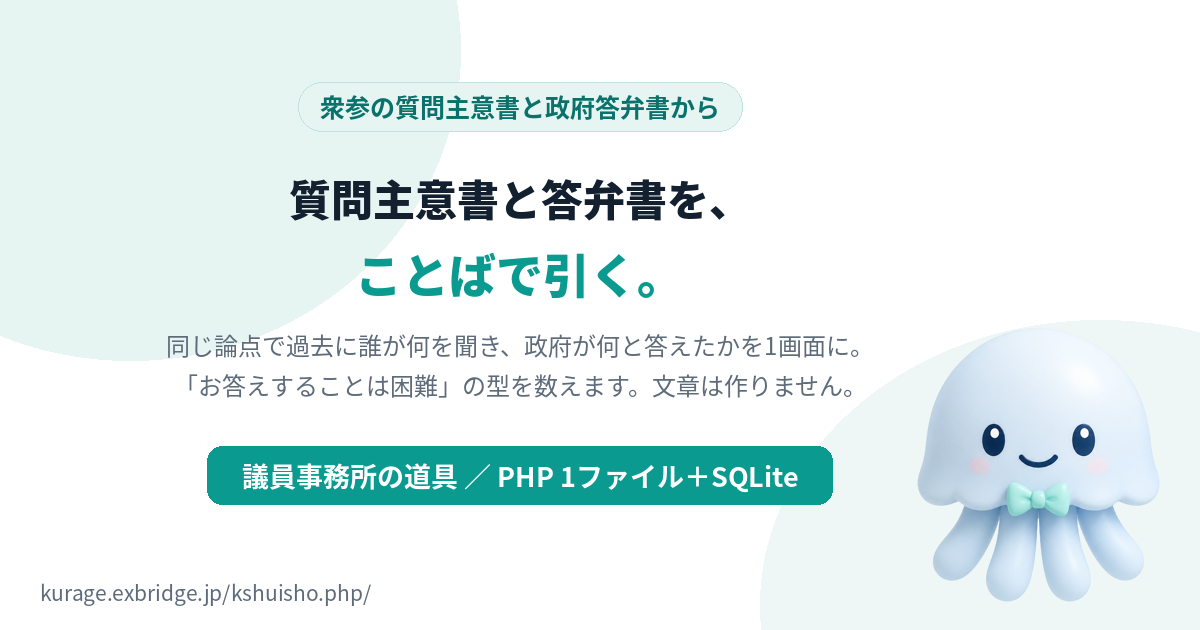 Kurage 質問主意書アシスト（衆参の質問主意書と政府答弁書を本文までことばで引く・「お答えすることは困難」の型つき・議員事務所向け・PHP1ファイル）