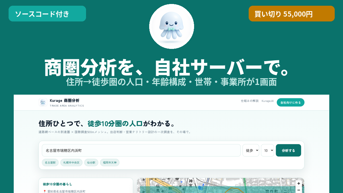 商圏分析を自社サーバーで——住所ひとつで徒歩圏の人口・世帯・事業所（Kurage 商圏分析）