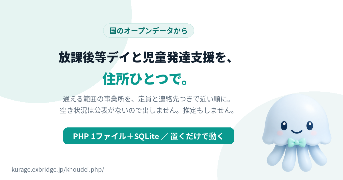Kurage 放課後等デイサービスナビ（住所→近くの放課後等デイ・児童発達支援・定員つき・PHP1ファイル）