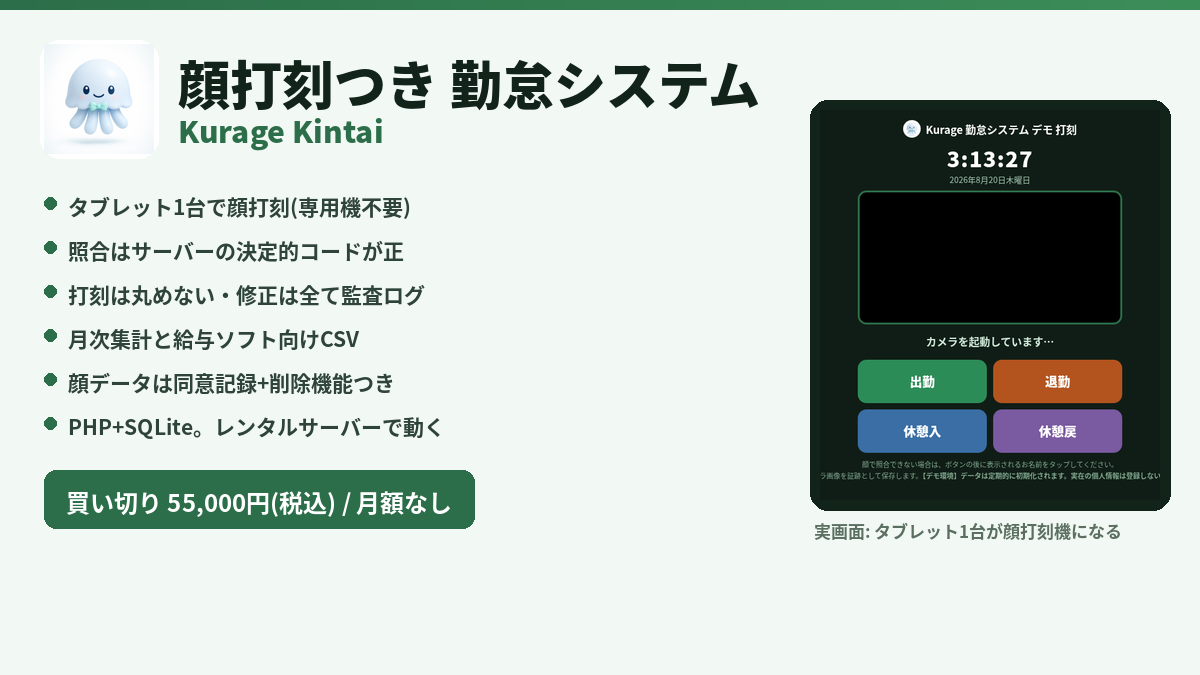 顔打刻つき勤怠システム（Kurage Kintai）